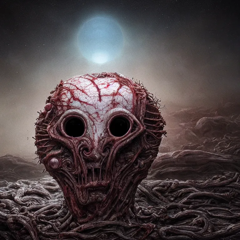 Image similar to ribbed surreal abandoned alien face on exoplanet, covered in organic flesh meat, in a desolate empty wasteland, creepy, nightmare, dream-like heavy atmosphere, surreal abandoned buildings, beautiful detailed intricate insanely detailed octane render trending on Artstation, 8K artistic photography, photorealistic, chiaroscuro, Raphael, Caravaggio, Beksinski, Giger