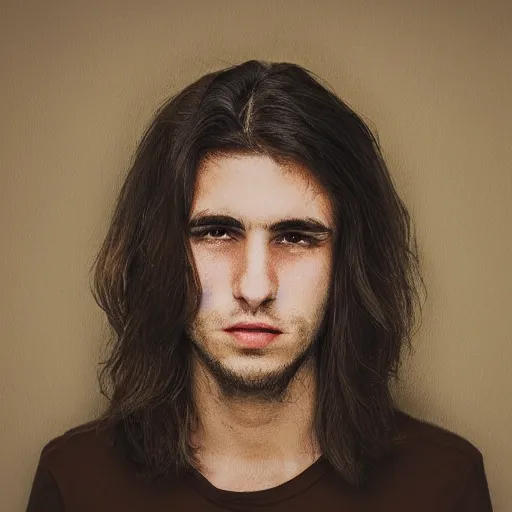 Prompt: portrait of 2 2 year old man with long messy brown hair, long face, strong brow