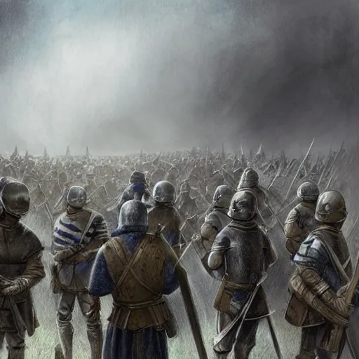 Image similar to realistic, few medieval soldiers, in line, ready fo battle, blue flagg, mist, up facing, epic, digital art, illustration, fantasy, realistic sketch, dark