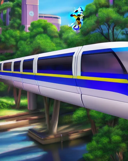 Image similar to The Disney Monorail coming towards the viewer, volumetric lighting, art station, visible brushstrokes, sharp focus, Highly Detailed, Cinematic Lighting, 8k, HD