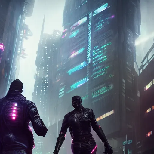 Image similar to New team members of Blade Runners, looking by big brother, cyberpunk style, digital painting, artstation, concept art, smooth, sharp focus, hyperrealistic, illustration, artstation trending, octane render, unreal engine, ambient light, dynamic lighting, magical, dark vibes, green, purple and red colors