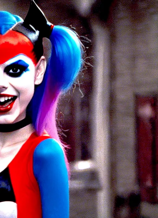Prompt: a film still of victoria justice as harley quinn from a year nineteen - seventy - two italian giallo film about furbys.