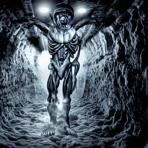 Image similar to xenomorph in ice cavern, close up photo, creepypasta, monochromatic