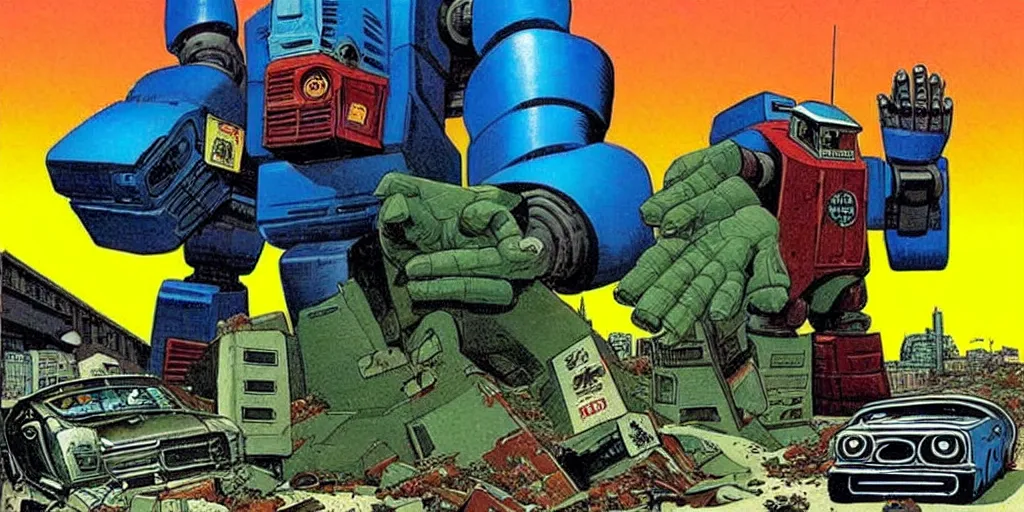 Prompt: Giant robot walking down a street while smoking giant blunt, a crushed car is under the foot of the giant robot by Richard Corben