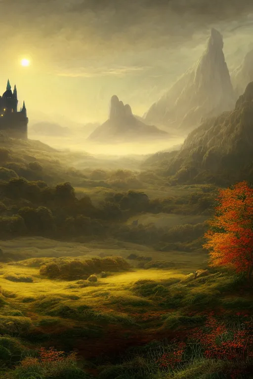 Image similar to a beautiful digital illustration painting of a detailed gothic fantasy endless plains of scottish highlands with castle in the distance, by benoit b. mandelbrot, steven belledin, martin johnson heade, lee madgwick, caspar david friedrich, and david rios ferreira. 8 k resolution trending on artstation concept art digital illustration