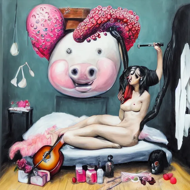 Image similar to a portrait in a female artist's bedroom, black walls, emo girl riding an inflatable pig, sheet music, berries, surgical supplies, pancakes, black flowers, sensual, octopus, neo - expressionism, surrealism, acrylic and spray paint and oilstick on canvas