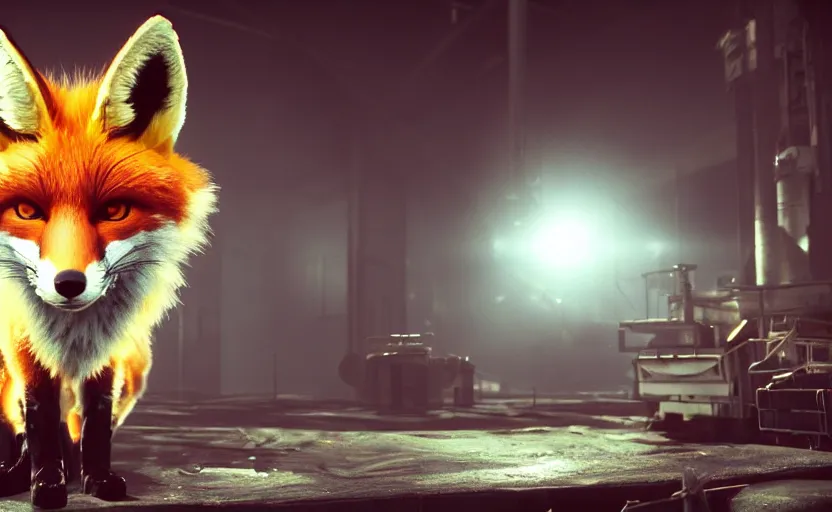 Image similar to a slightly menacing fox. daylight. sunlight. lens flare. light fixtures. art in atompunk style. 8K. detailed. photorealism. artstation. ultra realistic