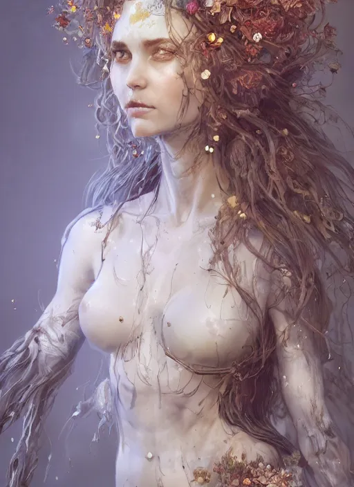 Image similar to dryad, pure white, naturel, hyper detailed, digital art, trending in artstation, cinematic lighting, studio quality, smooth render, unreal engine 5 rendered, octane rendered, art style by klimt and nixeu and ian sprigger and wlop and krenz cushart