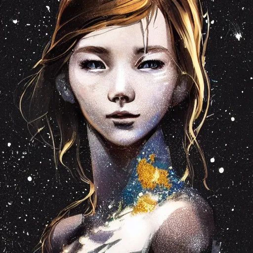 Prompt: highly detailed portrait of a wistful young astronaut lady with a wavy blonde hair, by Dustin Nguyen, Akihiko Yoshida, Greg Tocchini, Greg Rutkowski, Cliff Chiang, 4k resolution, nightclub dancing inspired, life is strange inspired, rave inspired, vibrant but dreary gold, silver, opal, black and white color scheme!!! ((Space nebula nightlife background))