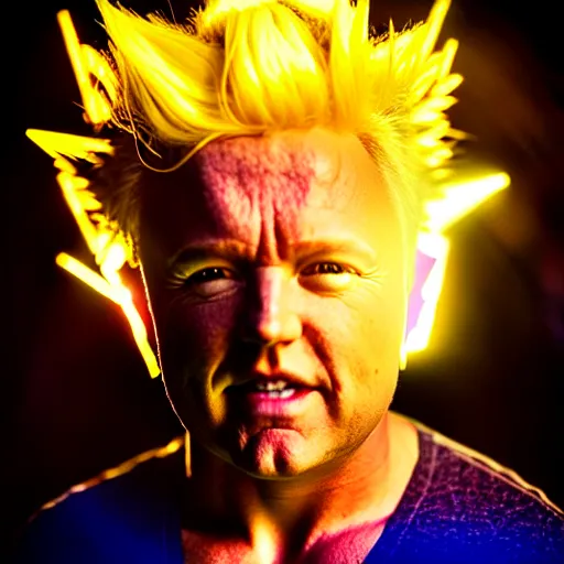 Image similar to uhd candid photo of alex e. jones as a super sayian, glowing, global illumination, studio lighting, radiant light, detailed, correct face, elaborate intricate costume. photo by annie leibowitz