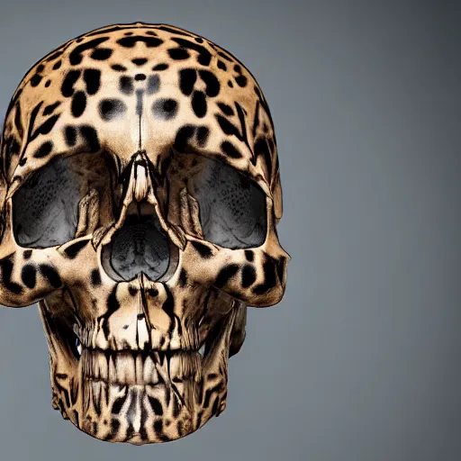 Prompt: Skull that look too much like skull!, crypt lurker, 8k CG character rendering of a spider-like hunting female on its back, fangs extended, wearing a leopard-patterned dress, set against a white background, with textured hair and skin.