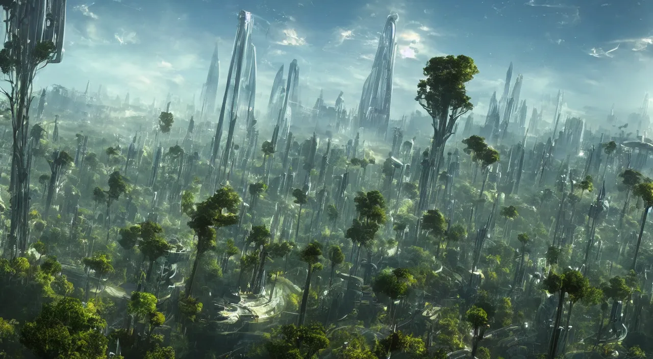 Image similar to An absolutely beautiful view of a sci-fi world. There are tall structures seen in the distance, with lots of unique looking trees.