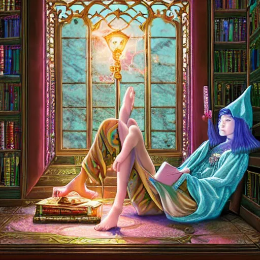 Prompt: a highly detailed fantasy pastel painting of a young wizard in ornate clothing lounging on a purpur pillow on the marble floor in front of her bookcase, studying an ancient tome. to the side is a potted plant and some blue candles. ancient oriental retrofuturistic setting. 4 k key art in the style yoshitaka amano