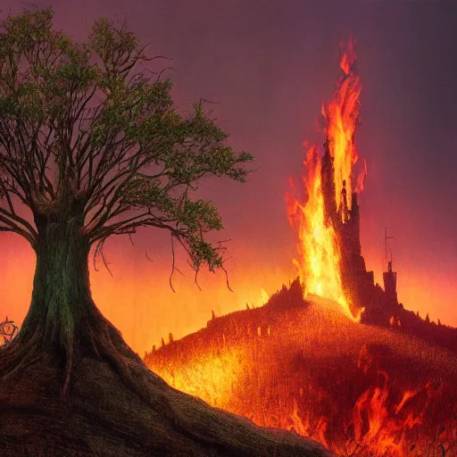 Prompt: shrek next to an oak tree aflame, still, fog in background, dantes inferno, evil album cover