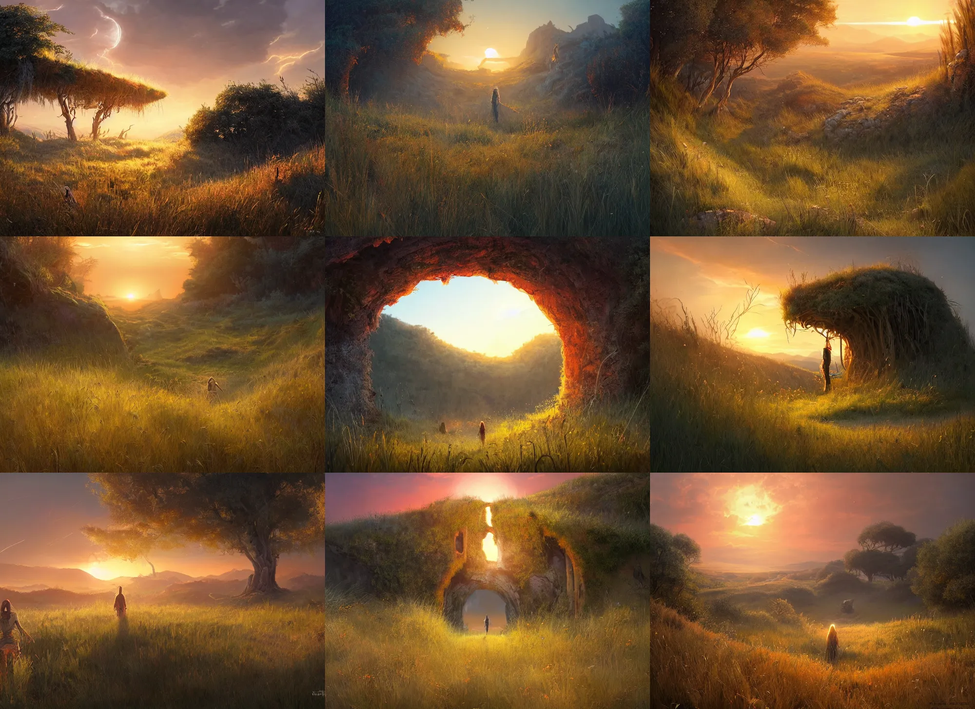 Prompt: A magical portal to another dimension, wild overgrown grass, hills, sunset by Raoul Vitale and Greg Rutkowski