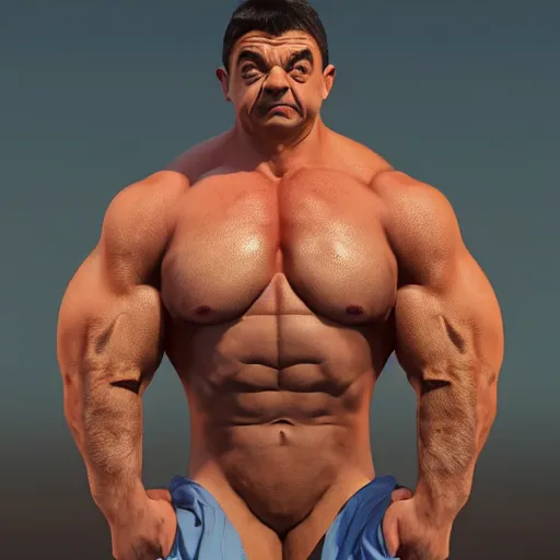 Image similar to upper body portrait of a hulking bulky swole steroids musclebound huge bodybuilder muscular herculean chiseled mr bean rowan atkinson, cinematic lighting, photorealistic, octane render, 8 k, depth of field, 3 d, art by artgerm and greg rutkowski and alphonse mucha and uang guangjian and gil elvgren and sachin ten