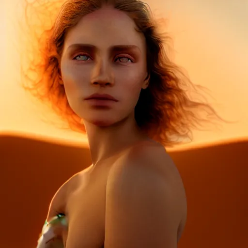 Prompt: photographic portrait of a stunningly beautiful renaissance female in soft dreamy light at a desert sunset, contemporary fashion shoot, by edward robert hughes, annie leibovitz and steve mccurry, david lazar, jimmy nelsson, breathtaking, 8 k resolution, extremely detailed, beautiful, establishing shot, artistic, hyperrealistic, beautiful face, octane render