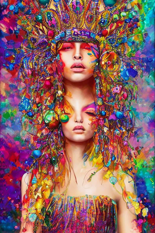 Image similar to a colorful psychedelic illustration of a fashion model wearing an alexander mcqueen beaded crown with beads hanging over her eyes, by magali villeneuve, artgerm, jeremy lipkin and michael garmash, rob rey and kentaro miura style, trending on art station