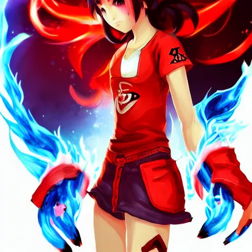 Image similar to Splash art, little anime girl league of legends style with a white t-shirt, red sleeves and regular blue jeans, has fire powers, her hair is made out of fire, her hands are on fire powerfull character, trending on artstation