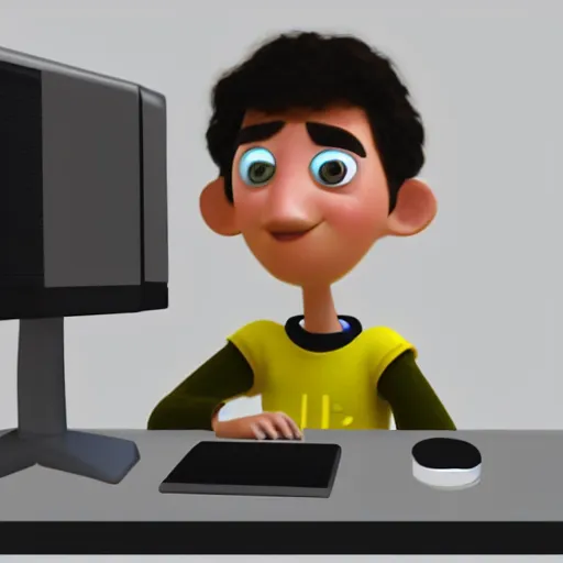 Image similar to low - fi character, pixar style, computer programmer working at computer