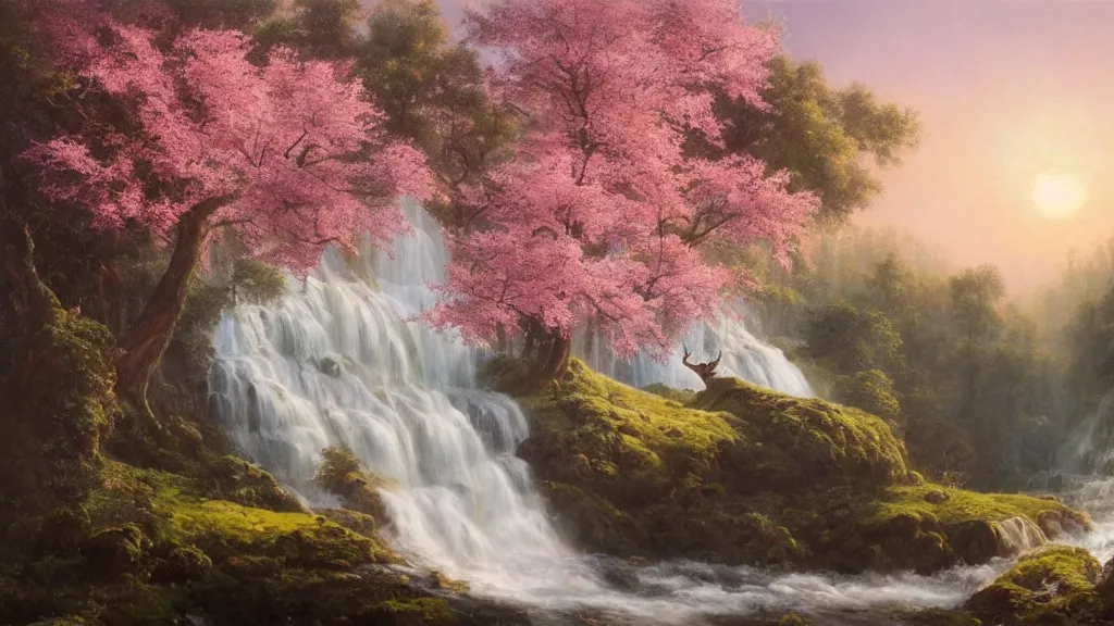 Image similar to the most beautiful panoramic landscape, oil painting, where a giant dreamy waterfall creates a river, the trees around are starting to bloom in pink colors, a majestic deer is in close - up and it is under a giant tree while it is exhaling steam, the ray lights of the sunrise are brightening him, by greg rutkowski