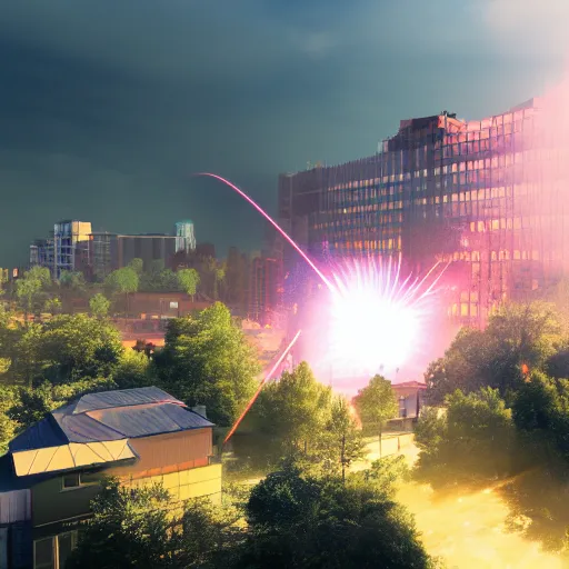 Prompt: building being destroyed by laser strike from the sky, 4k render