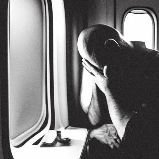 Image similar to a black and white photograph of a lonely man crying all by himself on an airplane, moody