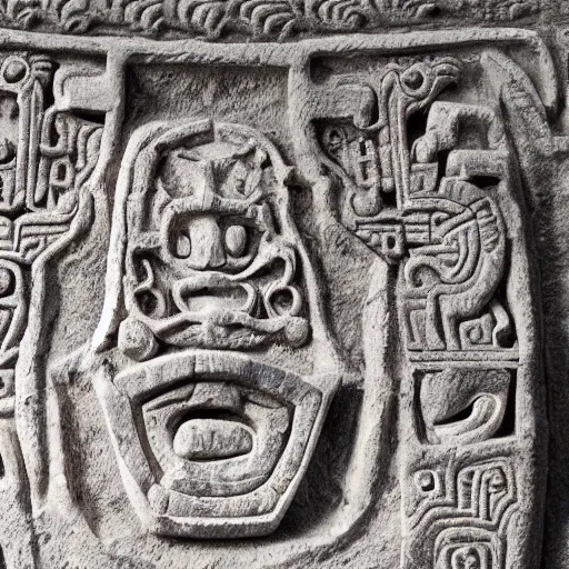 Prompt: decorative stone yoke, ornamented with carvings depicting Mayan gods upon a ufo. Mayan artifact, 4K high quality museum collection photograph