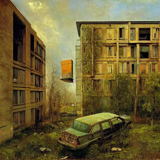 Prompt: a wonderously complicated painting of an abandoned russian brutalist appartment being retaken by nature by ilya repin