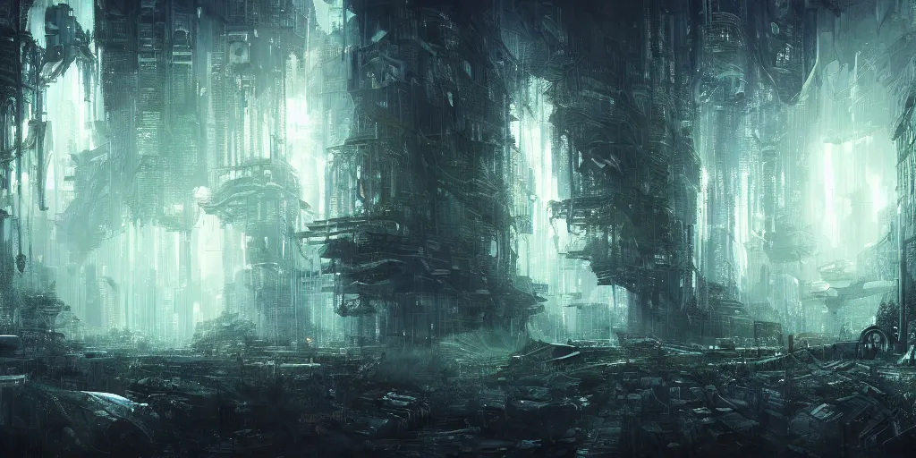 Prompt: superwide angle, hyperdetailed masterpiece concept art of cyberpunk forest with waves, 4K, light through the mist, trending on Artstation