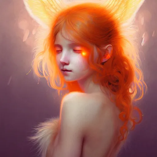 Prompt: Portrait of a girl angel with pale orange colored fuzzy frizzy hair, cat ears on her head, glowing halo, wings on her back, fantasy, intricate, elegant, highly detailed, digital painting, artstation, concept art, smooth, sharp focus, illustration, art by Krenz Cushart and Artem Demura and alphonse mucha