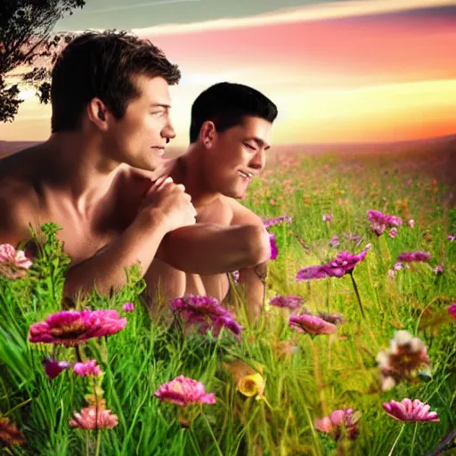 Image similar to a gay couple together in a field of flowers at sunset, realistic, intricate, 4k