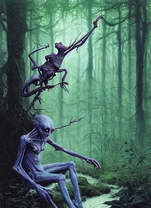 Prompt: hyper realistic magic alien in the woods in a river gorgeous lighting, lush forest foliage blue sky a hyper realistic ink drawing by chiara bautista and beksinski and norman rockwell and greg rutkowski, tom bagshaw weta studio, and lucasfilm