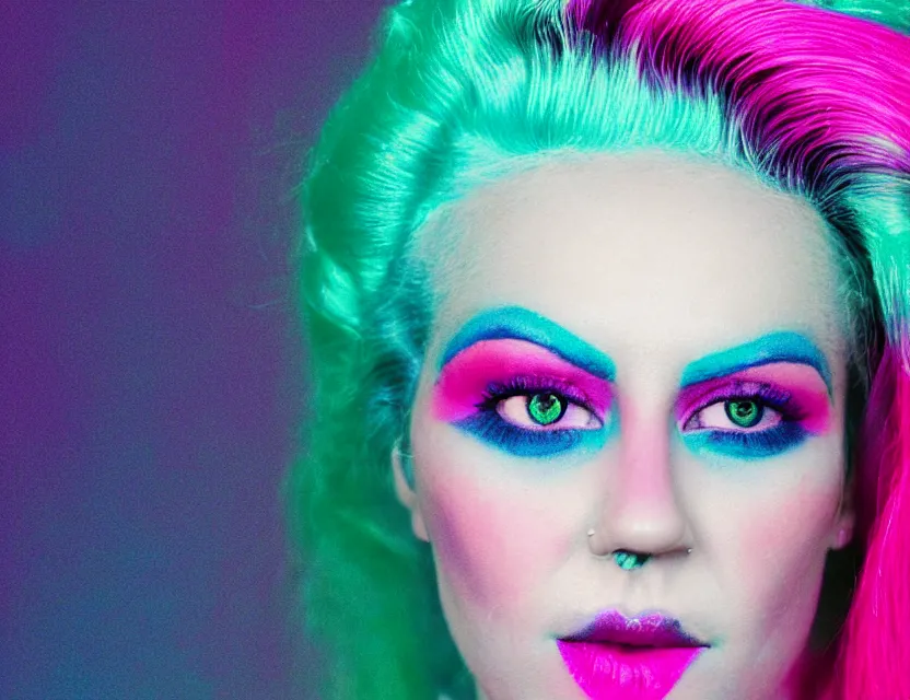 Prompt: a faded grainy 1 9 8 0 s magazine portrait photo of a person with pink hair wearing geometric neon green eyeliner and blue lipstick, plain gradient backdrop