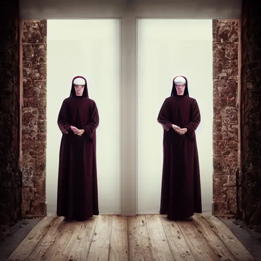 Prompt: award winning photo,two Hovering twin nuns, wearing pointed hoods, buxom chested, blindfolded, wearing translucent veils, see through dress, Very long arms, bedroom, wood door, eerie, frightening, standing at the foot of your bed, highly detailed, photorealistic, colorized —width 1024 —height 1024