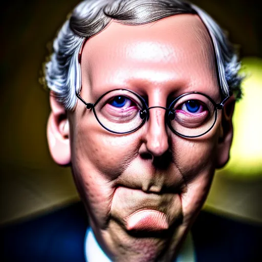 Prompt: photograph portrait of Mitch McConnell, creepy, sigma 85mm f/1.4, 4k, depth of field, high resolution, 4k, 8k, hd, full color