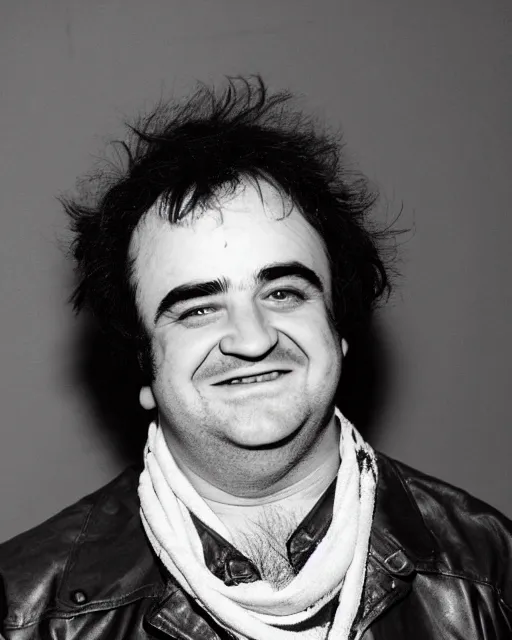 Image similar to headshot of a crazed smiling, mouth ode open, john belushi, he is wearing a leather bomber cap on his head, he is also wearing an a 2 flight jacket, a long white wool scarf is wrapped around his neck, he has a 5 o'clock shadow