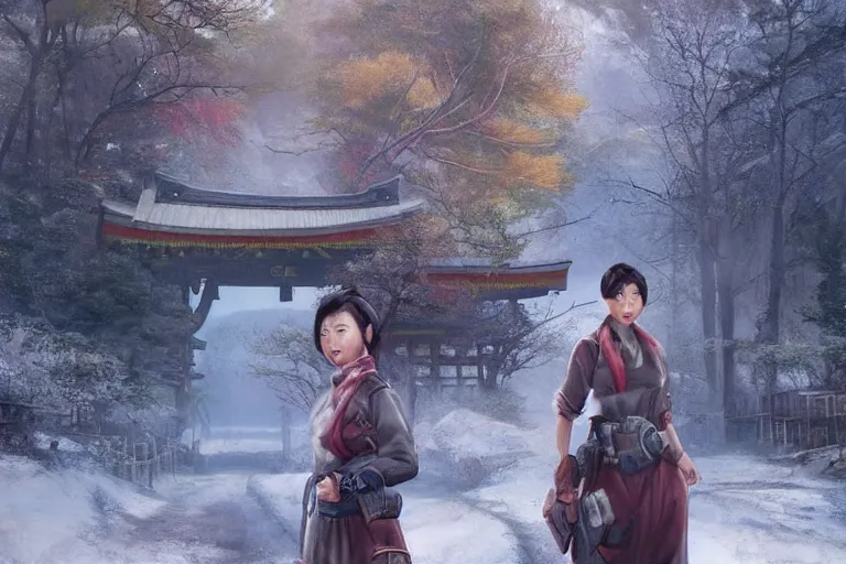 Image similar to fallout 5, charismatic beautiful rugged asian female protagonist, portrait, outdoors in forest, tori gate and shinto shrine in the background, atmospheric lighting, painted, intricate, volumetric lighting, daytime, winter, clear weather, sharp focus, ultra detailed, art by william turner