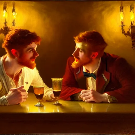 Image similar to attractive male mike and attractive male tyler, one is ginger and the other brunet, drinking their hearts out, in their noble mansion, at night. highly detailed painting by gaston bussiere, craig mullins, j. c. leyendecker 8 k