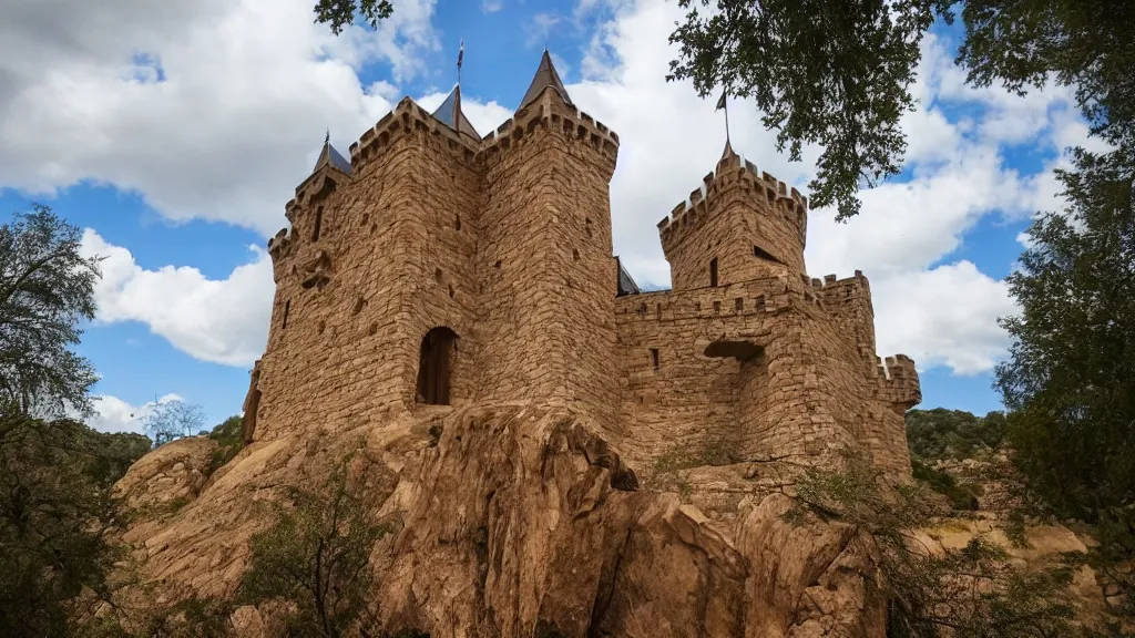 Prompt: open angle photo of a castle made of sandstone,