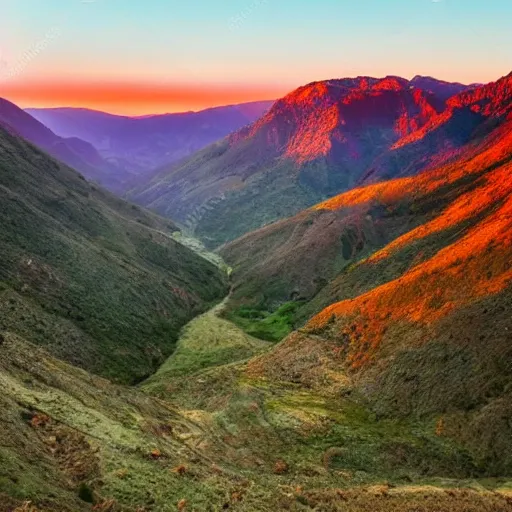 Prompt: award winning photo of a beautiful valley with the sun setting in the distance.