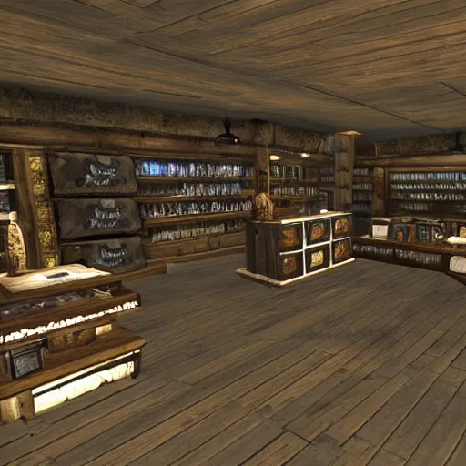 Prompt: iphone reseller store in the middle of whiterun, 3 dgc, wide shot, skyrim, oblivion, pc game, gameplay screenshot