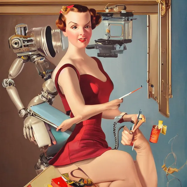Image similar to robot artist painting a self - portrait on a canvas. intricate, highly detailed, digital matte painting in the style of gil elvgren and in the style of alexandria pyromallis. irony, recursion, inspiration.