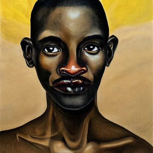 Image similar to a painting of a elegant, well fed, smooth-chinned, long nose, African old man with few eyebrows by Wangechi Mutu . thinker without facial hair, thoughtful, focused, visionary, calm, jovial, loving, fatherly, generous, . dramatic angle, ethereal lights, details, smooth, sharp focus, illustration, realistic, cinematic, artstation, award winning, rgb , unreal engine, octane render, cinematic light, macro, depth of field, blur, red light and clouds from the back, highly detailed epic cinematic concept art CG render made in Maya, Blender and Photoshop, octane render, excellent composition, dynamic dramatic cinematic lighting, aesthetic, very inspirational, arthouse.