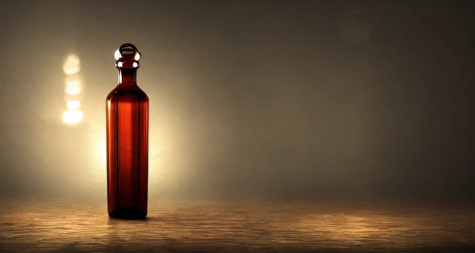 Image similar to a magical bottle on a table, atmospheric lighting, cinematic, 4 k, cinematic composition