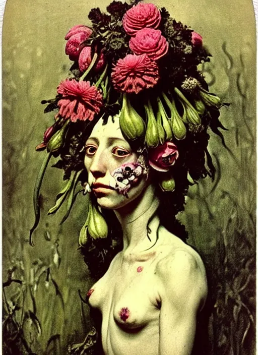 Image similar to beautiful and detailed rotten woman made of plants and many types of stylized flowers like carnation, daisy, chrysanthemum, anemone, roses and tulips, intricate, surreal, john constable, gustave courbet, caravaggio, romero ressendi, bruno walpoth 1 9 1 0 polaroid photo