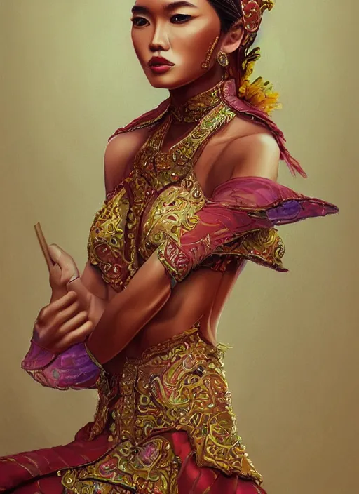 Image similar to portrait of an indonesian supermodels wearing traditional costume, highly detailed, digital painting, artstation, concept art, sharp focus, illustration