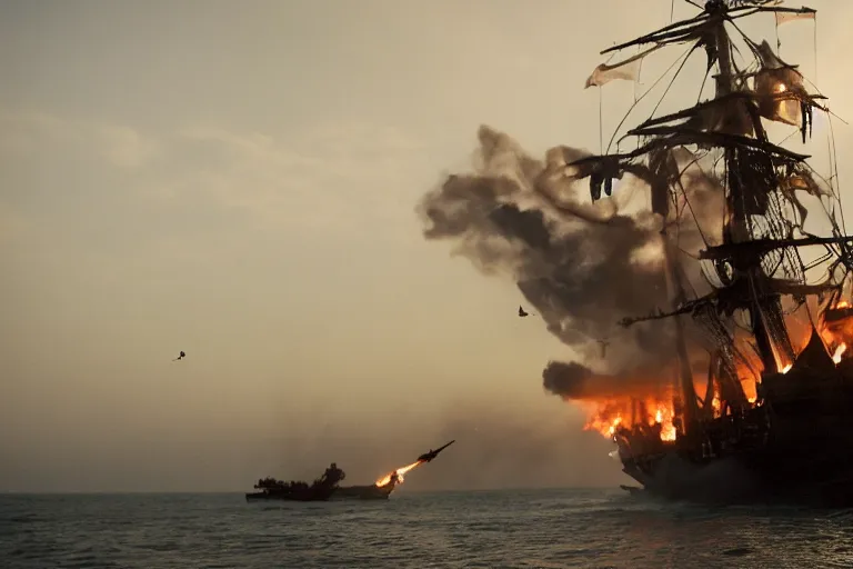 Prompt: portrait pirate crew running down beach as pirate ship fires canons, sand explosion 8 5 mm by emmanuel lubezki