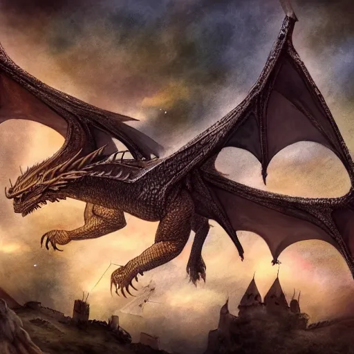 Image similar to a majestic , magnificent dragon flying over a medieval castle under a dark starred sky, dark fantasy, watercolor, dreaming illusion, highly detailed, 4k, trending on Artstation, award-winning