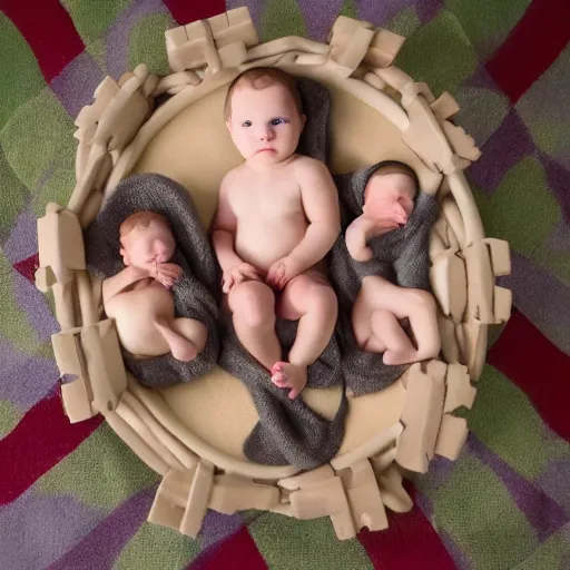 Image similar to photo of baby knights of the round table, by anne geddes, 4 k, very detailed